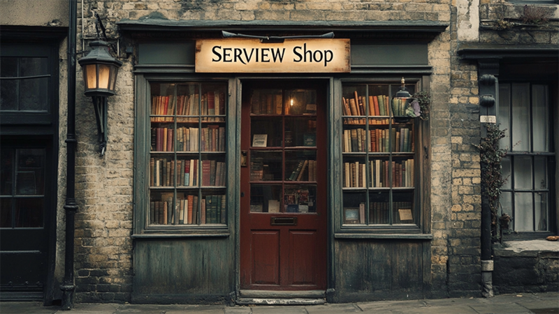 SERVIEW Shop for Books, Posters, and Exam Extensions Graphic: SERVIEW Shop Sign at the Book Store