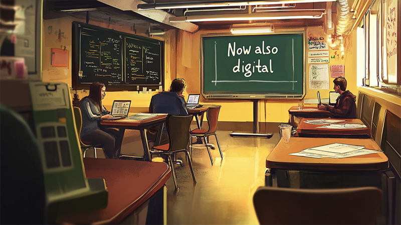 Graphic: "Now Digital" inscription on a sign in the classroom