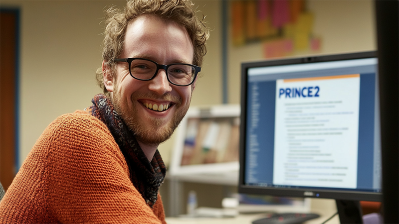 e-Learning courses for PRINCE2 Program Management (MSP) and PRINCE2 Risk Management (M_o_R) are available Image: Smiling man in front of a computer screen wearing an orange sweater