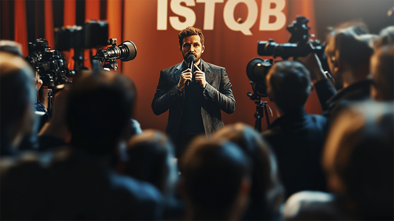 ISTQB graphic in press format in front of journalists and cameras