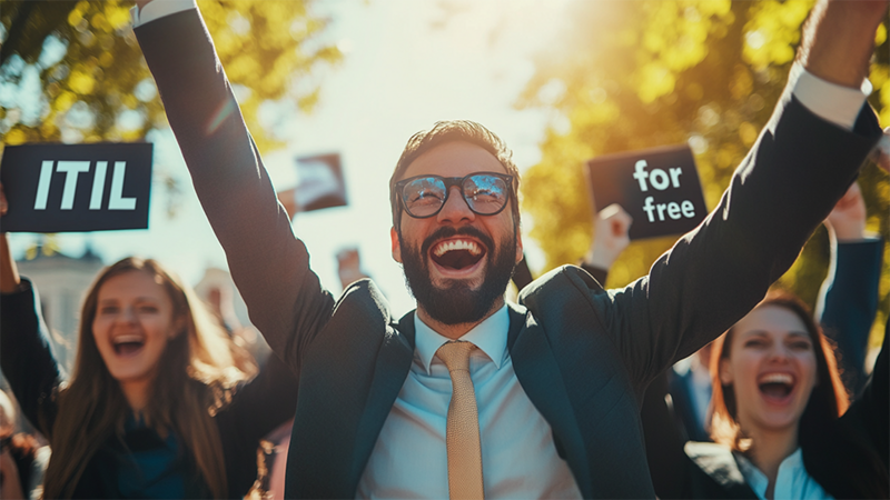 Up to 100% off the ITIL 4 Foundation exam Graphic: "ITIL_for_free" with cheering people